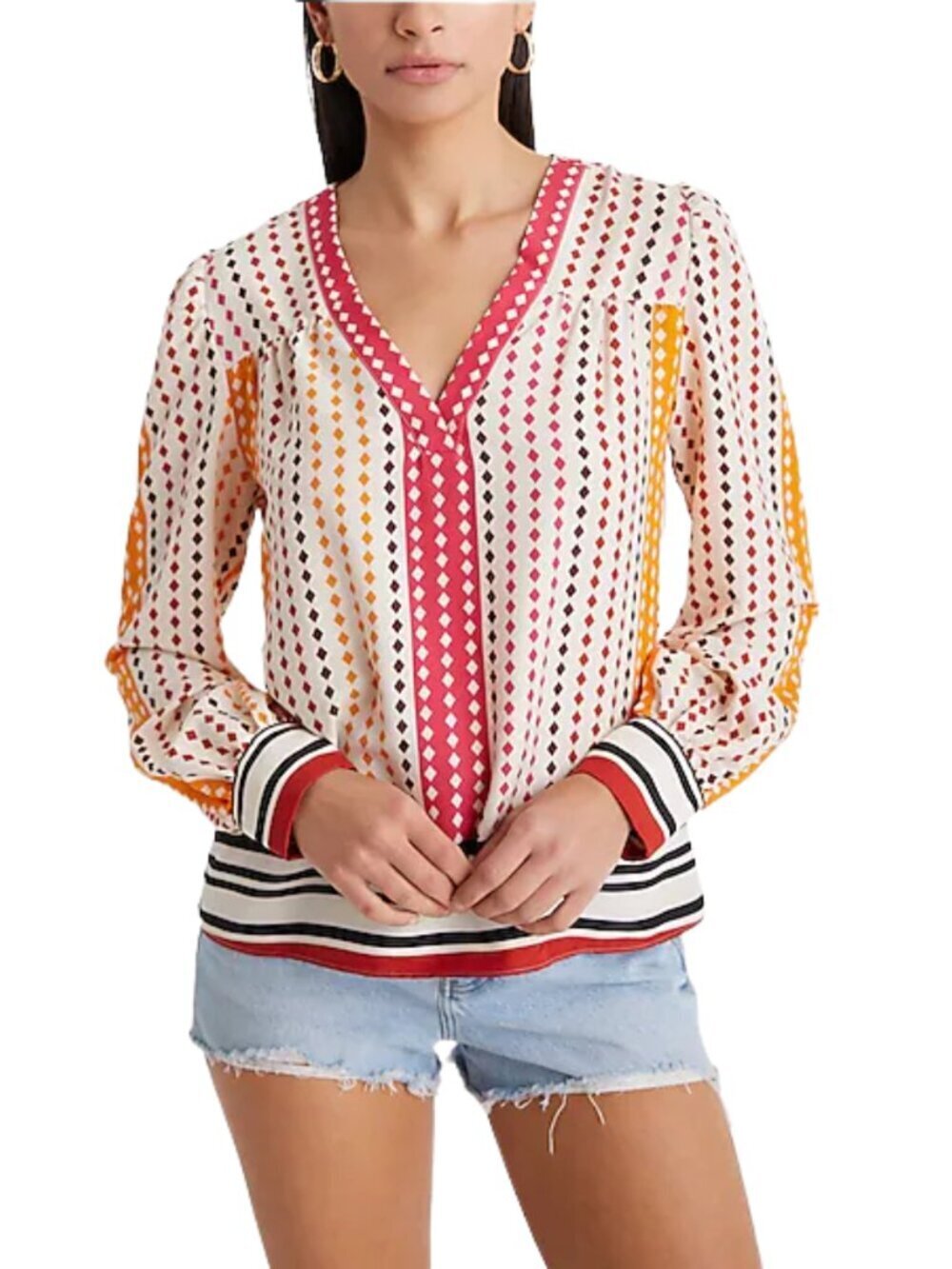 π NWT π Express V-Neck Diamond Dot Long Sleeve Gathered Front Top, Size S - Picture 11 of 15